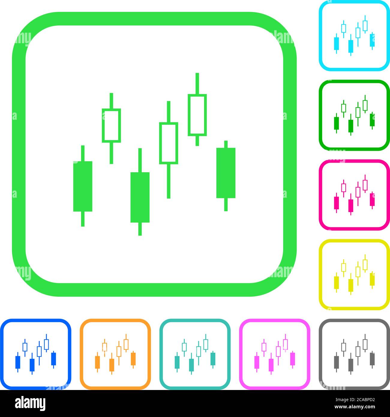 Candlestick chart vivid colored flat icons in curved borders on white ...
