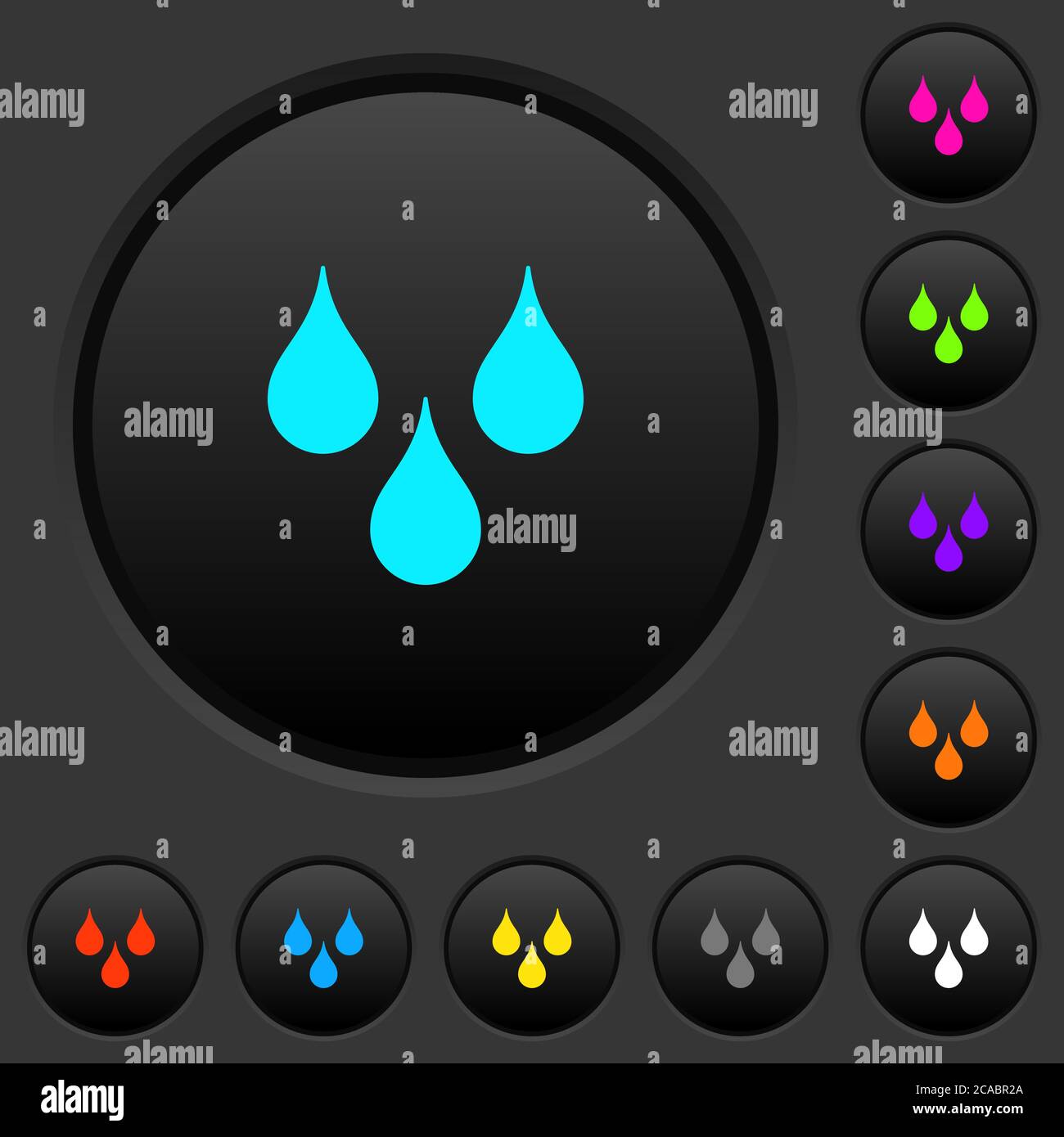 Water drops dark push buttons with vivid color icons on dark grey ...