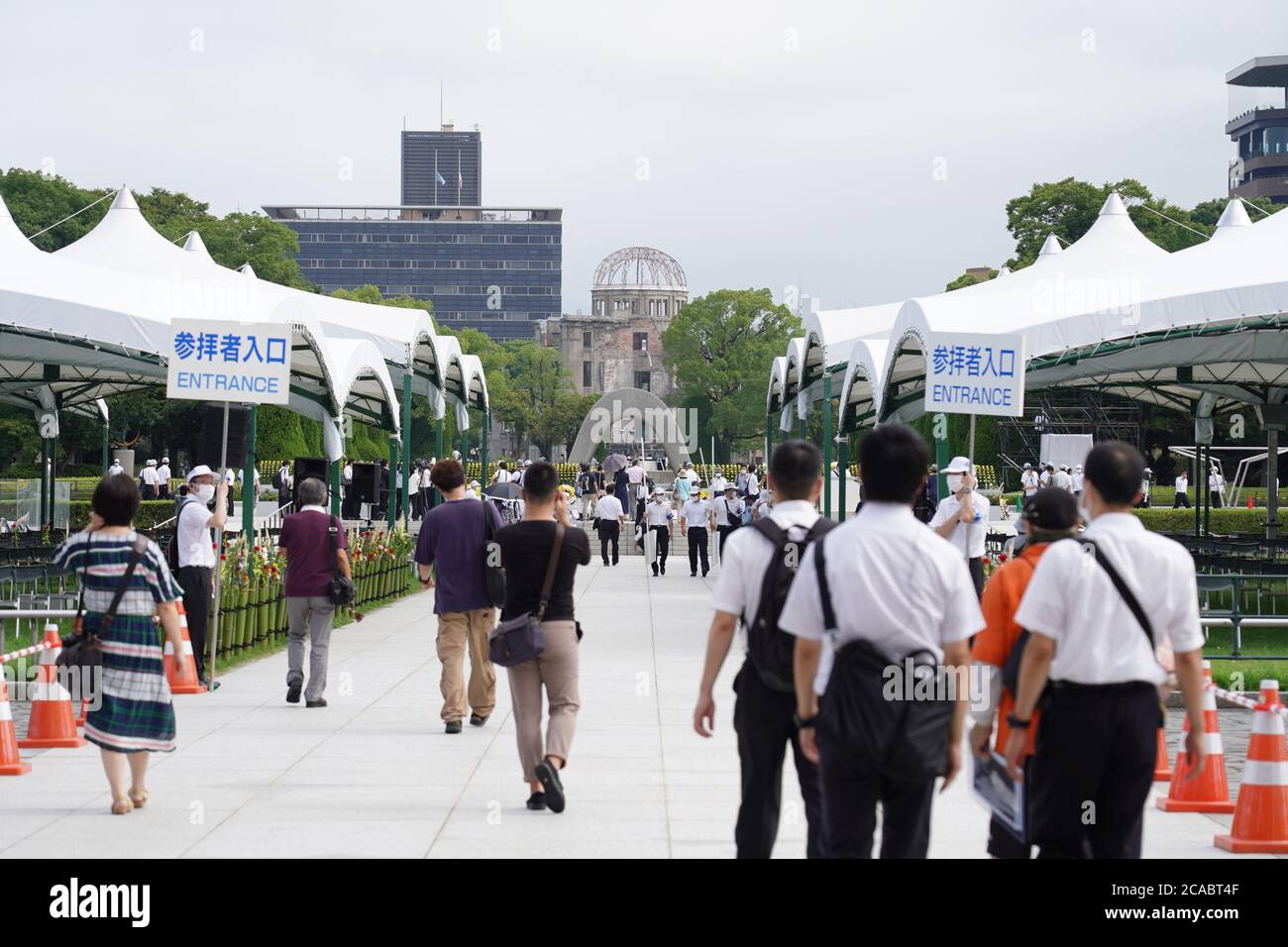 People at the Hiroshima Peace Memorial Ceremony.Hiroshima marks the 75th anniversary of the U.S. atomic bombing which killed about 150,000 people and destroyed the entire city during World War II. Stock Photo
