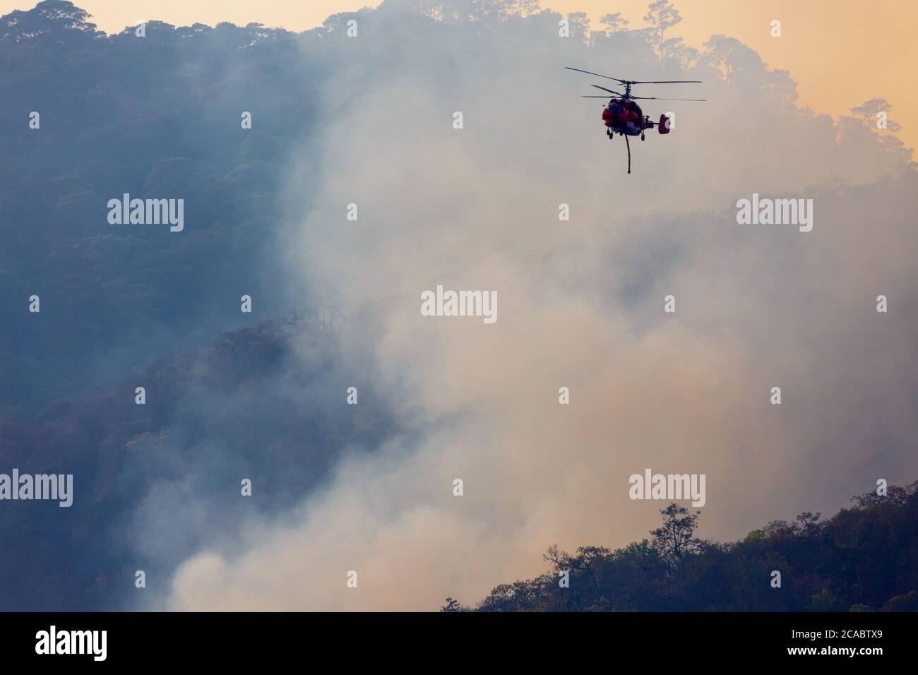 Firefighting helicopter dropping water on forest fire Stock Photo Alamy