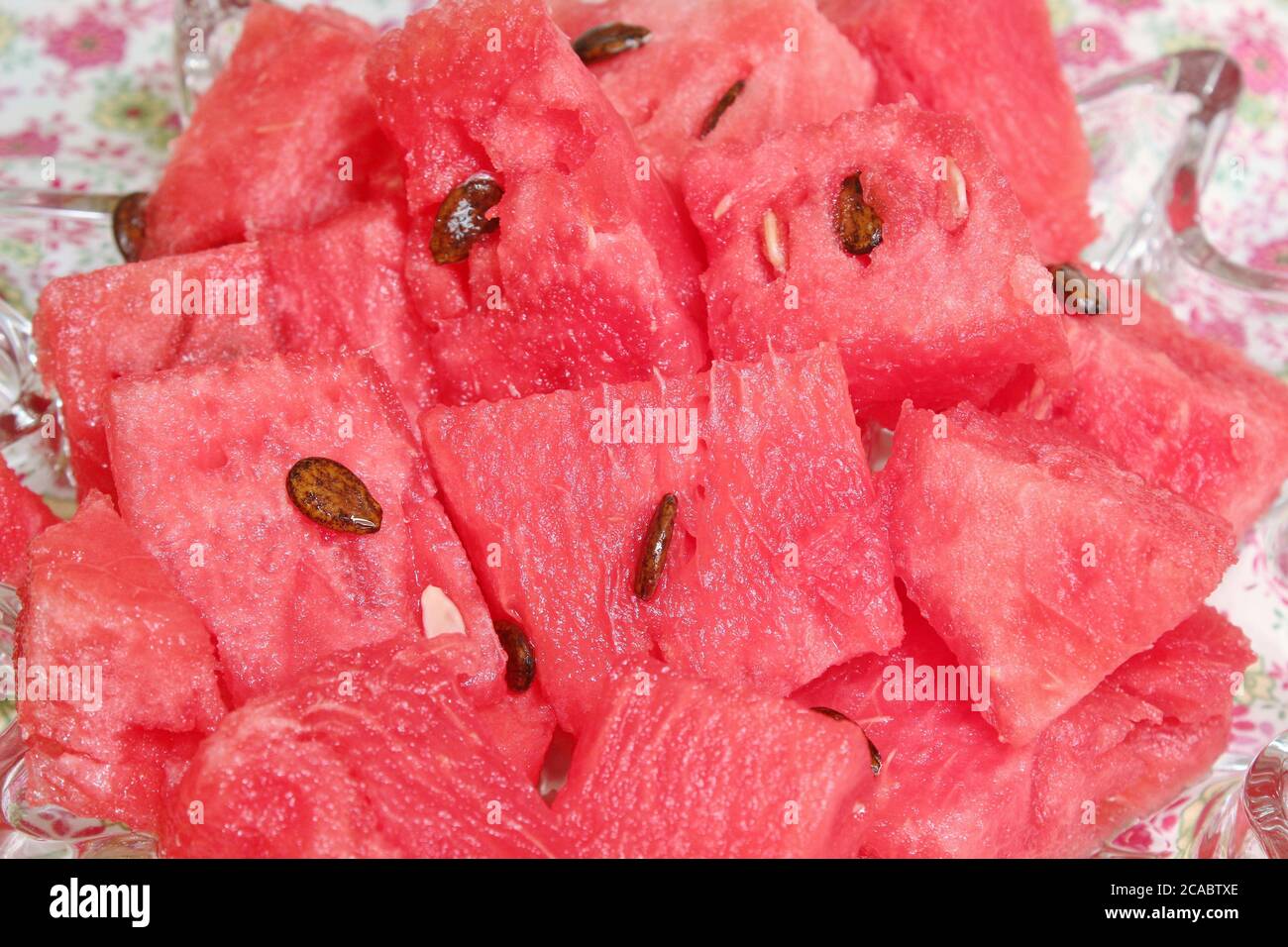Fresh, ripe, watermelon in a glass dish Stock Photo
