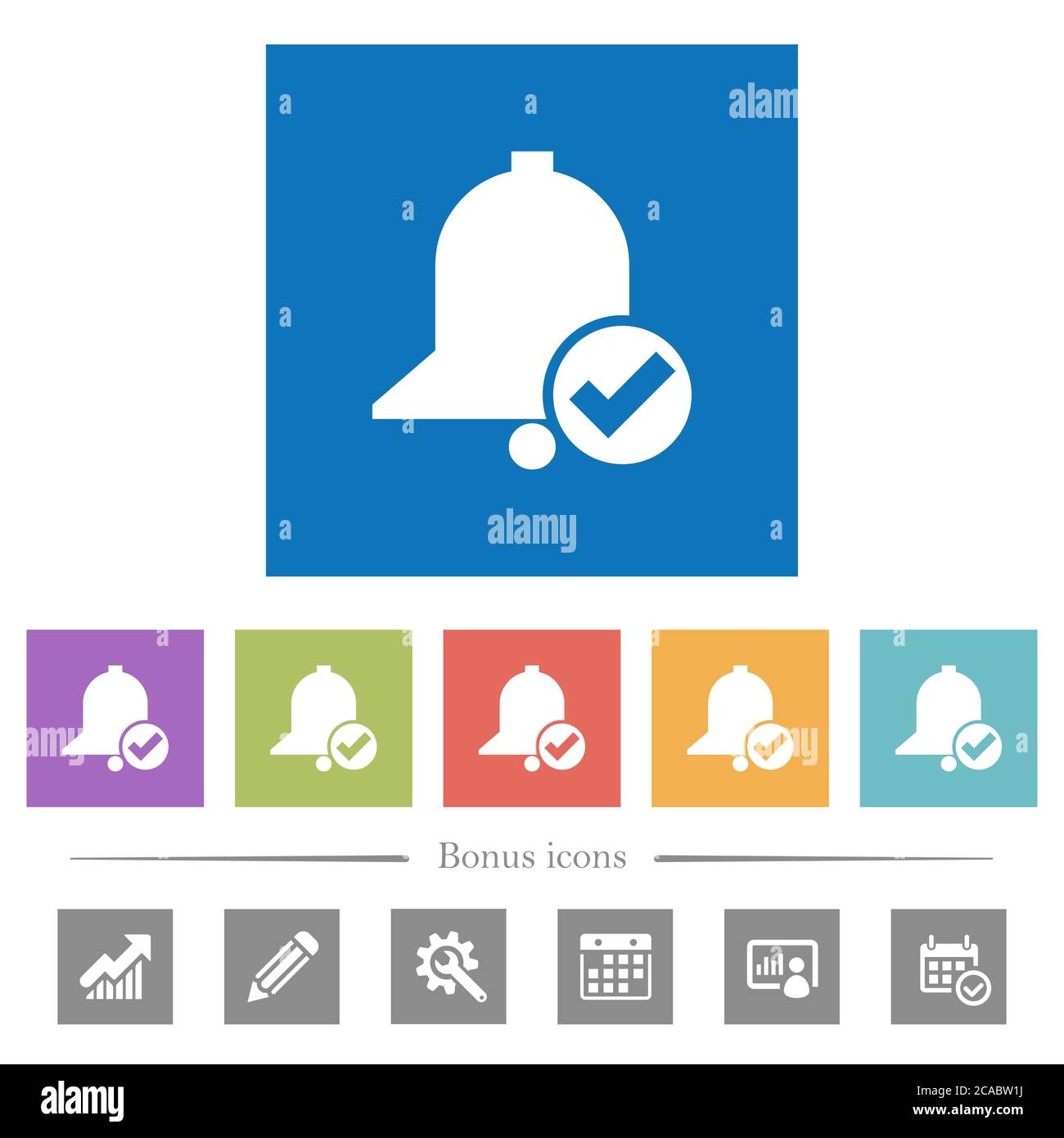 Reminder done flat white icons in square backgrounds. 6 bonus icons ...