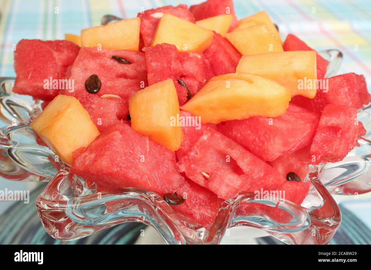Cantaloupe and watermelon in a glass dish Stock Photo