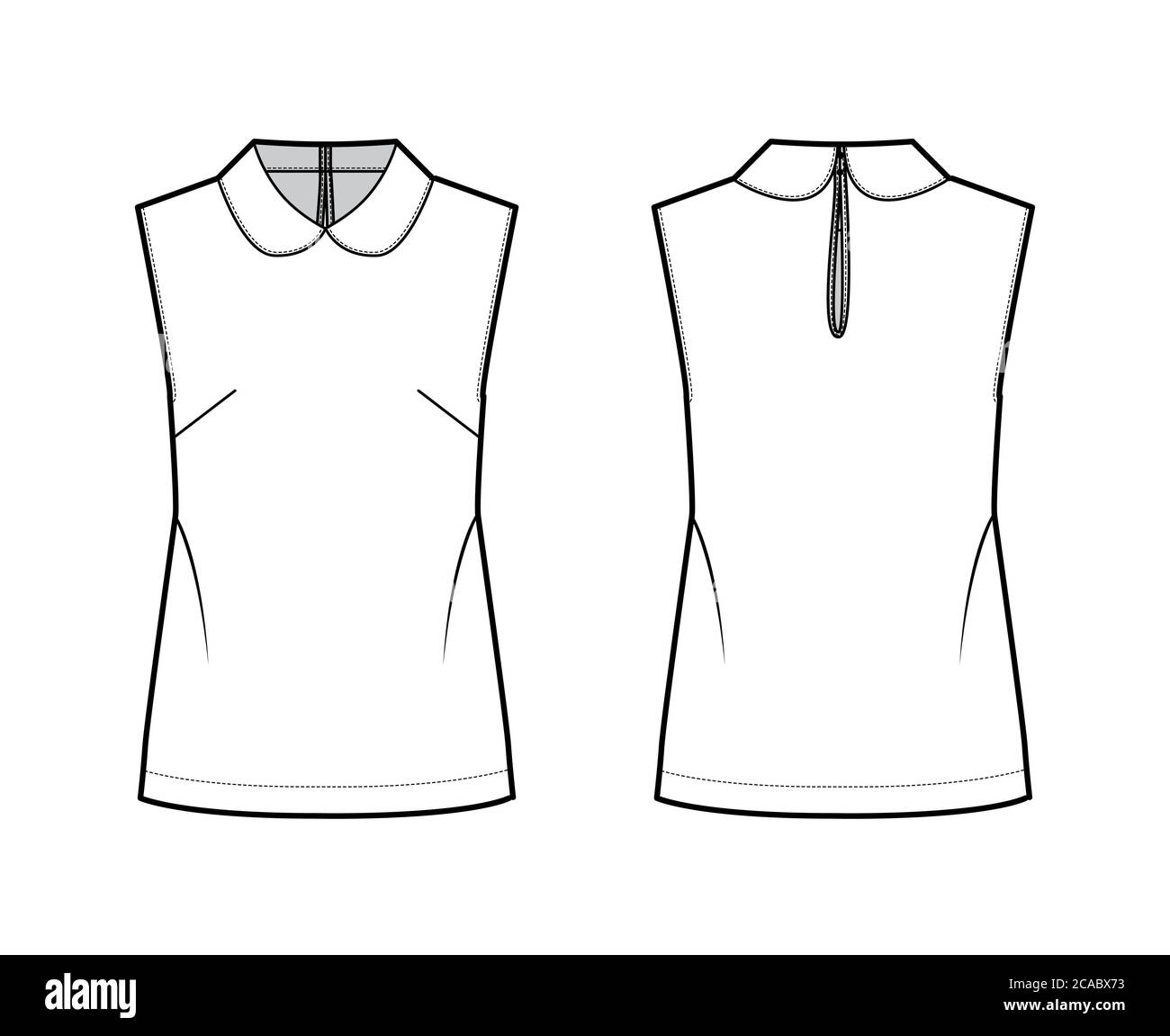 Round collar blouse technical fashion illustration with loose silhouette, sleeveless, back button-fastening keyhole. Flat shirt apparel template front back white color. Women men unisex top CAD mockup Stock Vector