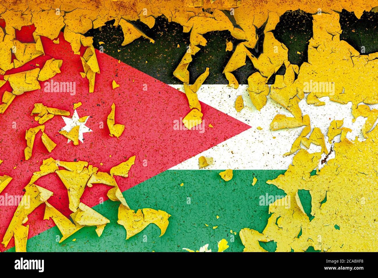 The national flag of Jordan is painted on an old metal wall with ragged
