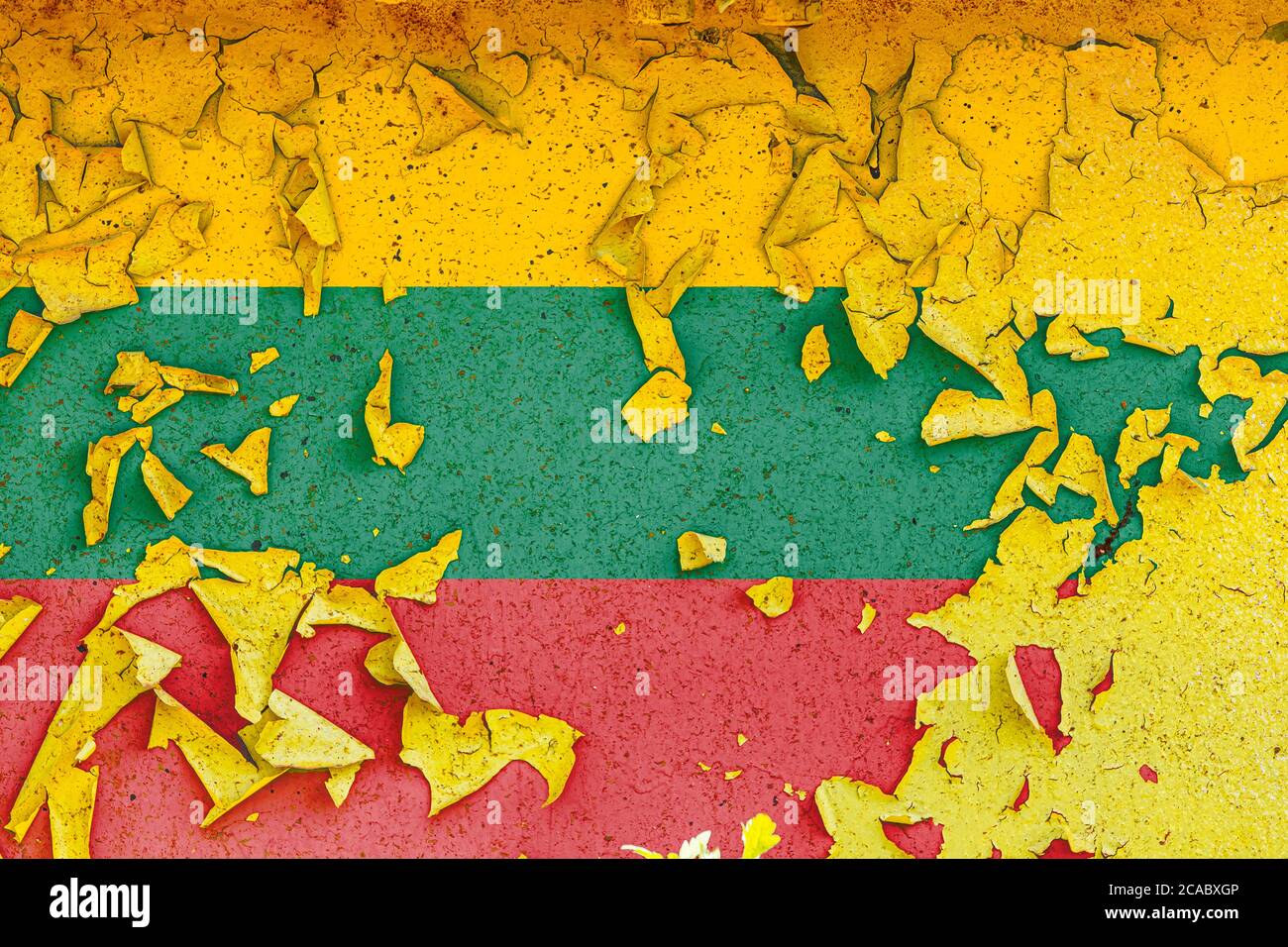 The national flag of Lithuania is painted on an old metal wall with ...