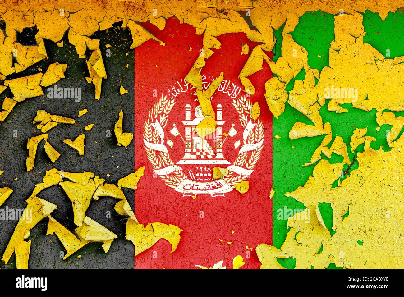 The national flag of Afghanistan is painted on an old metal wall with ...