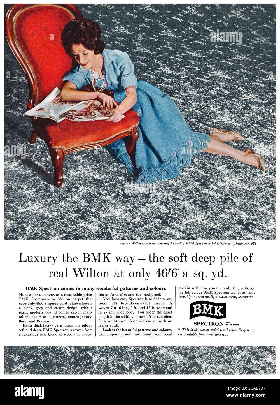 1961 British advertisement for BMK Spectron Wilton carpet. Stock Photo