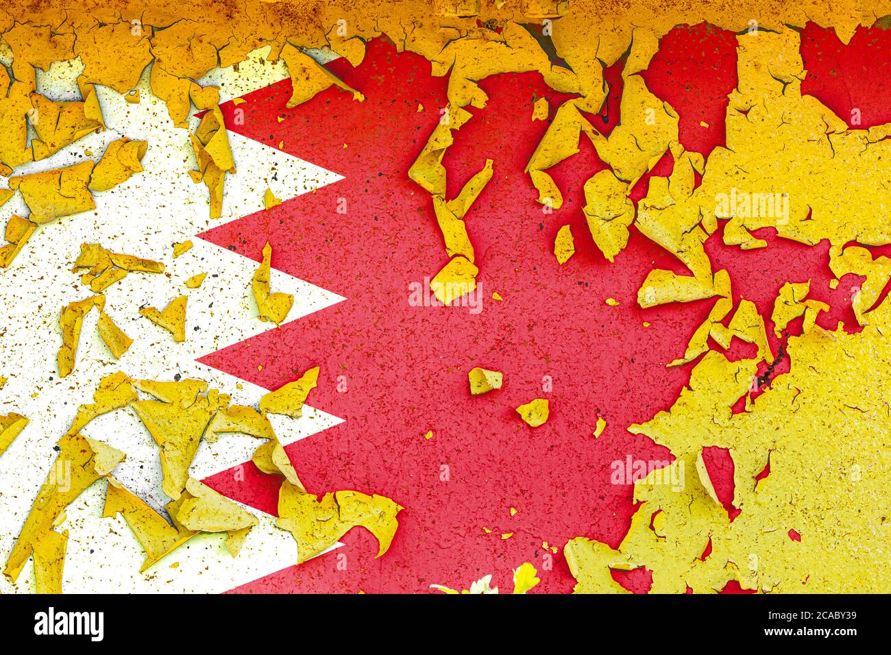 The national flag of Bahrain is painted on an old metal wall with ...
