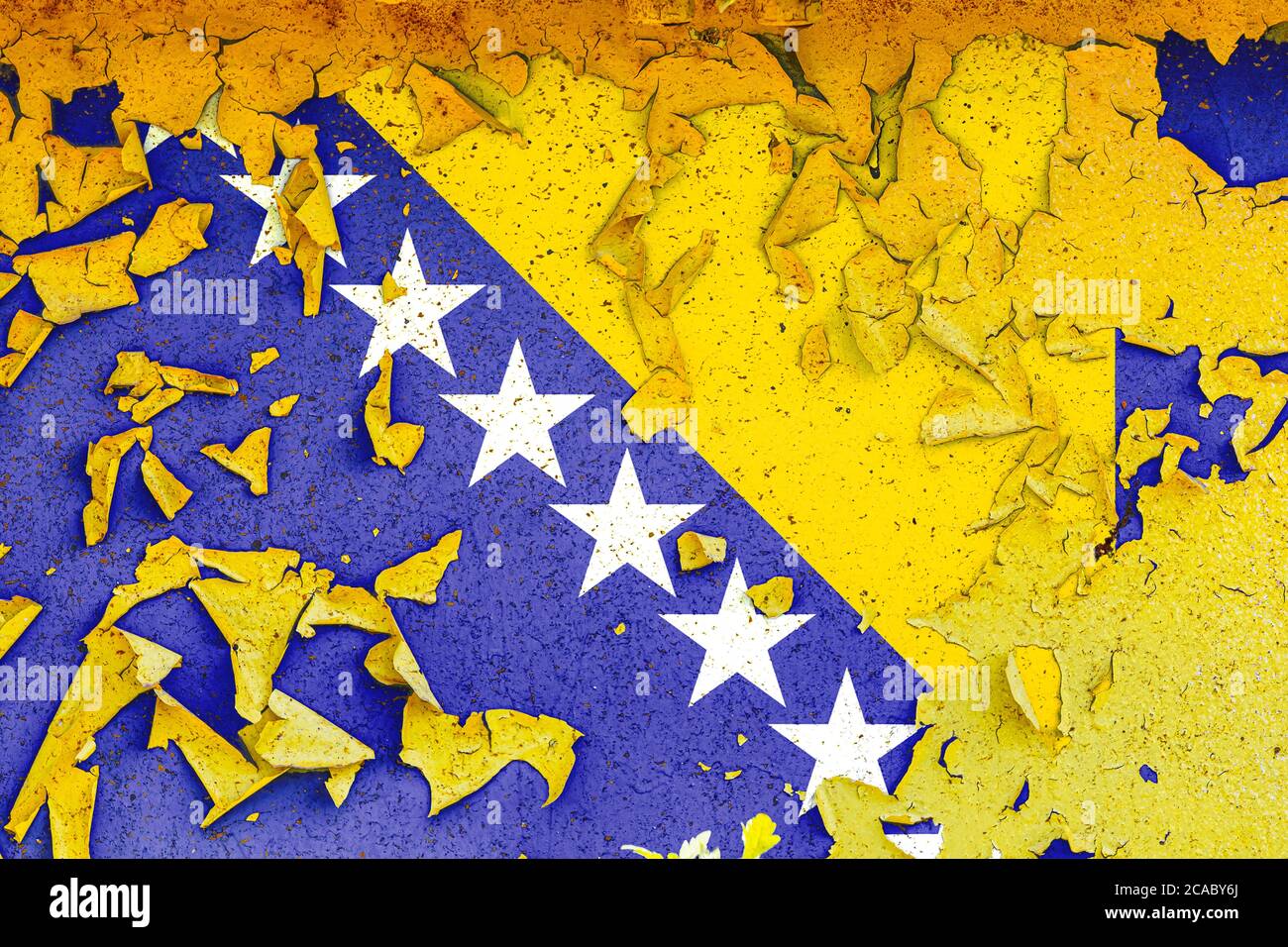 The national flag of Bosnia Herzegovina is painted on an old metal wall ...