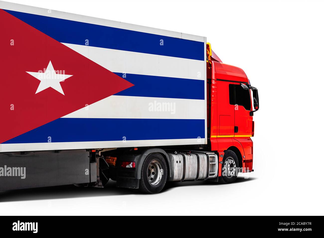 Big truck with the national flag of Cuba on white isolated background
