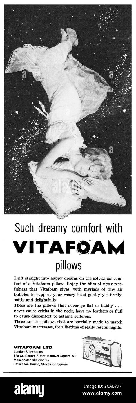 1961 British advertisement for Vitafoam pillows. Stock Photo