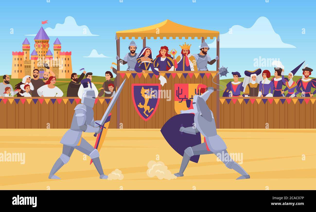 Medieval knight tournament vector illustration. Cartoon flat knight characters in body armor suits fight duel with swords on battlefield, medieval entertainment, historical battle games background Stock Vector