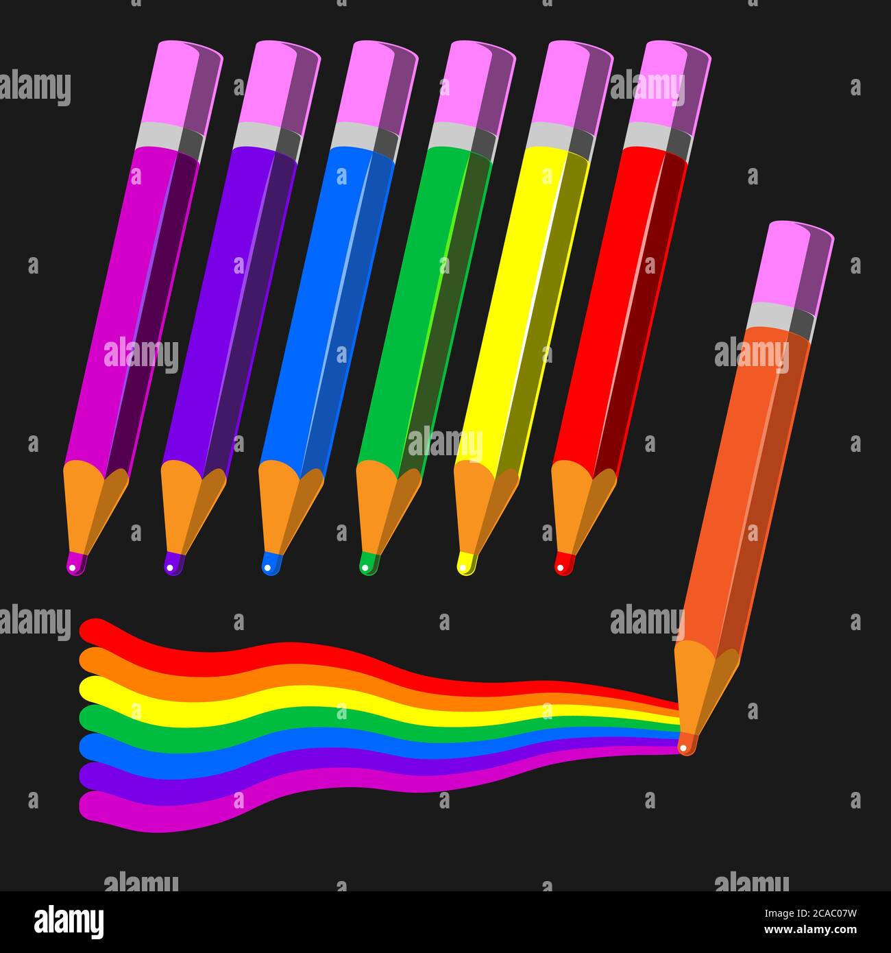 colored pencils rainbow on a black isolated background. Vector image Stock Vector