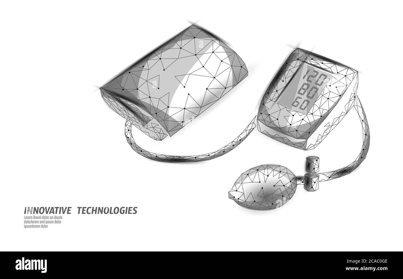 3D low poly electronic medical tonometer for measuring blood pressure. Medical healthcare check up analysis. Control test medicine vector illustration Stock Vector
