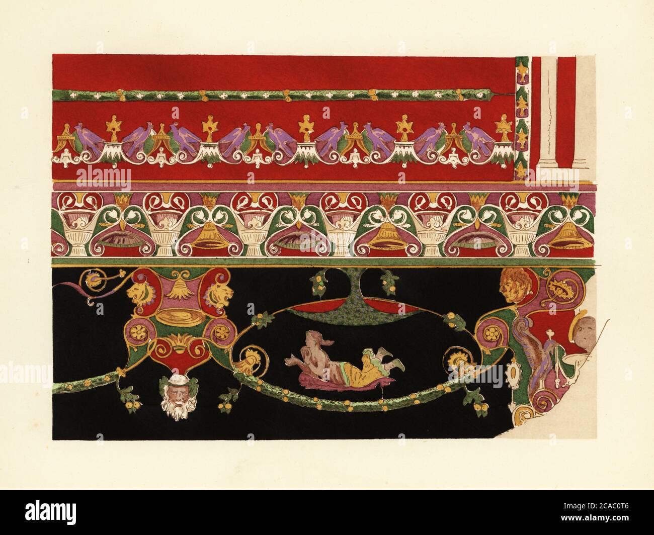 Decorative motifs on wall paintings in Herculaneum, Third Pompeian Style.  Destroyed at the same time as Pompeii. In the Museum of Naples. Motifs  decoratifs provenant d'Herculanum, ville detruite en meme temps que, image size:1300x1064