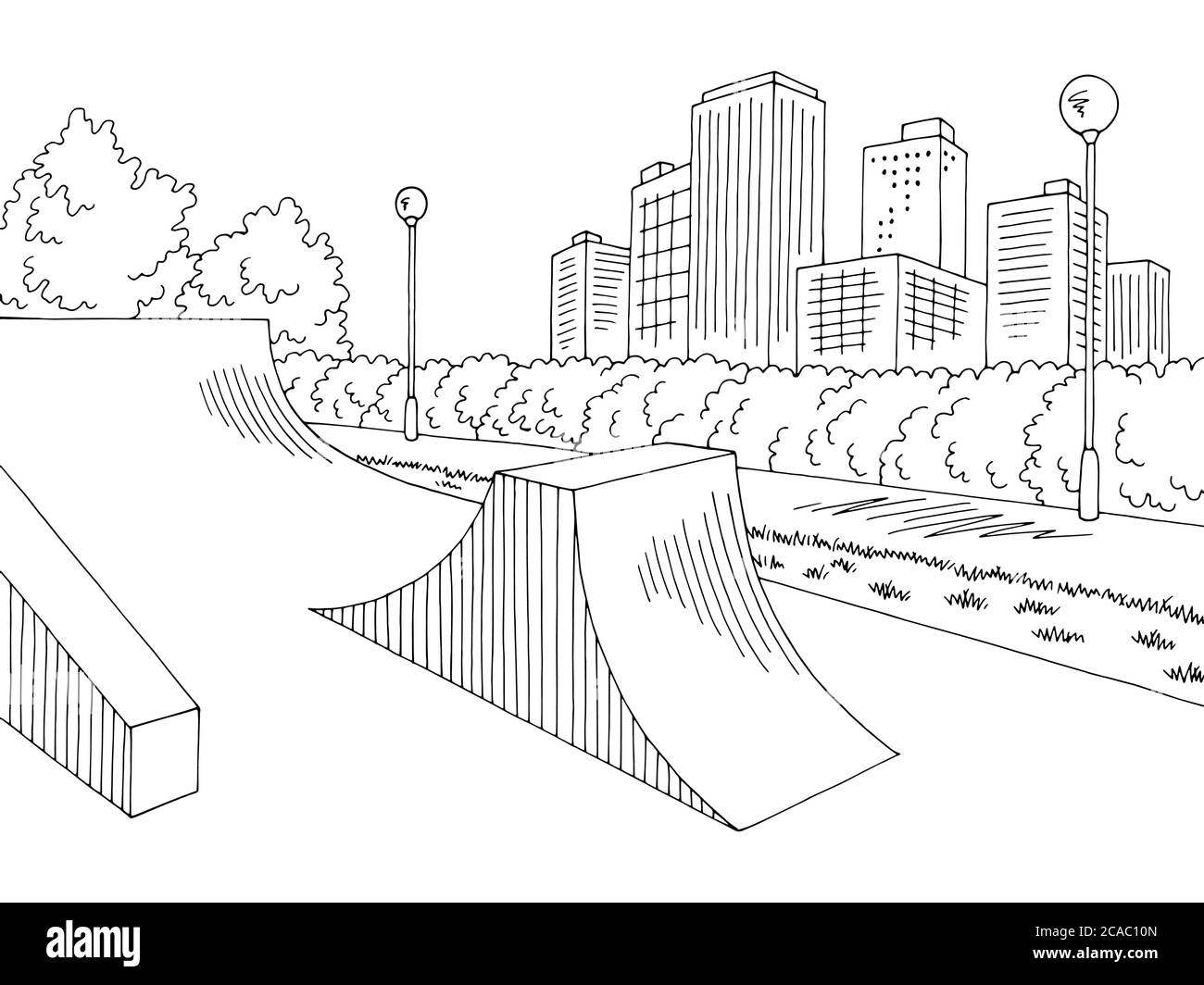 Skate park graphic black white city landscape sketch illustration vector Stock Vector
