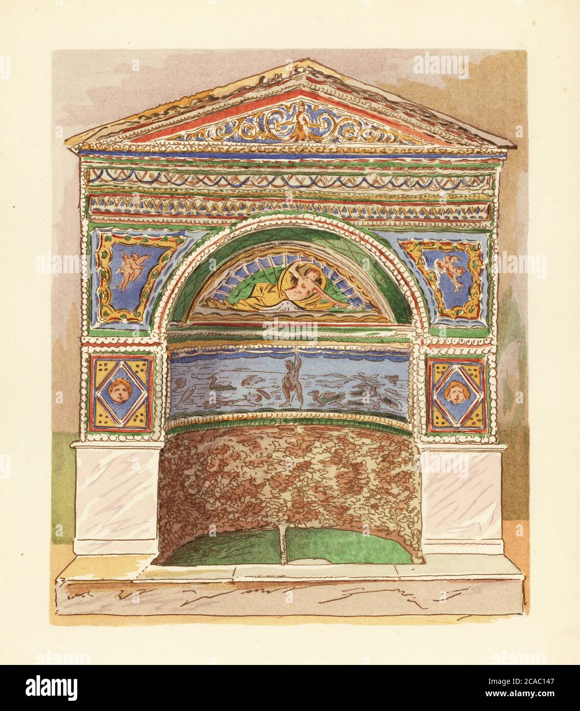 Enamel mosaic fountain in the House of the Bear, or Casa dell’ Orso Ferito, Pompeii. Fontaine de mosaique d’email de la maison de l’Ours, Region IV.2.45. Handcoloured pochoir (stencil) lithograph by Pierre Guzman from his own Decoration murale a Pompei, (Wall decoration at Pompeii), Editions Albert Morance), Paris, 1924. Stock Photo