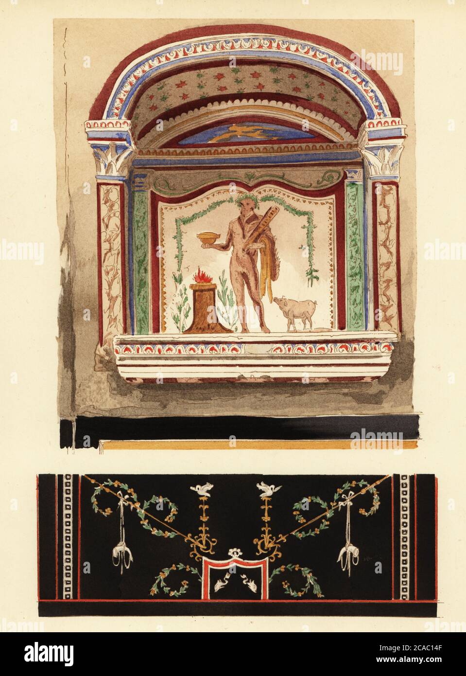 Lararium niche painting dedicated to Hercules in an annex (Casa del Cenacolo, V.2.h) to the .House of the Silver Wedding, Region V.2.i. Pompeii. Fourth Pompeian Style. Decorative railing (below). Laraire consacre a Hercule, partie annexe de la maison des Noces d’argent, Region V.2. Motif decoratif de cimaise. Handcoloured pochoir (stencil) lithograph by Pierre Guzman from his own Decoration murale a Pompei, (Wall decoration at Pompeii), Editions Albert Morance), Paris, 1924. Stock Photo