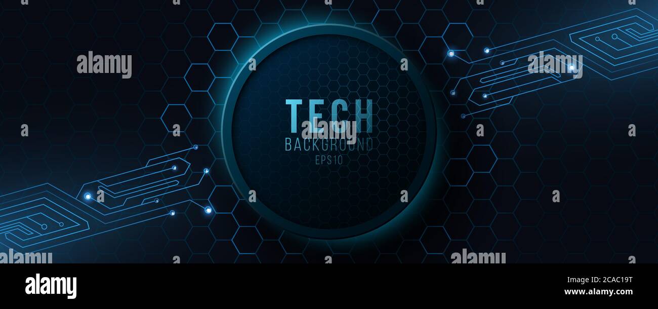 Futuristic hi-tech banner with computer circuit. Modern tech design. Glowing blue neon honeycombs with flying glowing particles. Vector illustration. Stock Vector