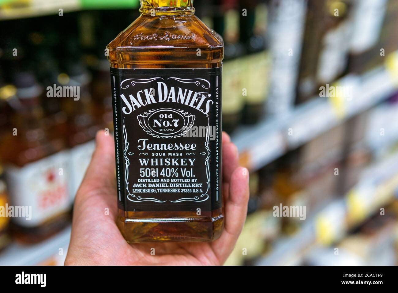 Tyumen, RussiaAugust 01, 2020 Bottles of Jack Daniels whiskey on sale