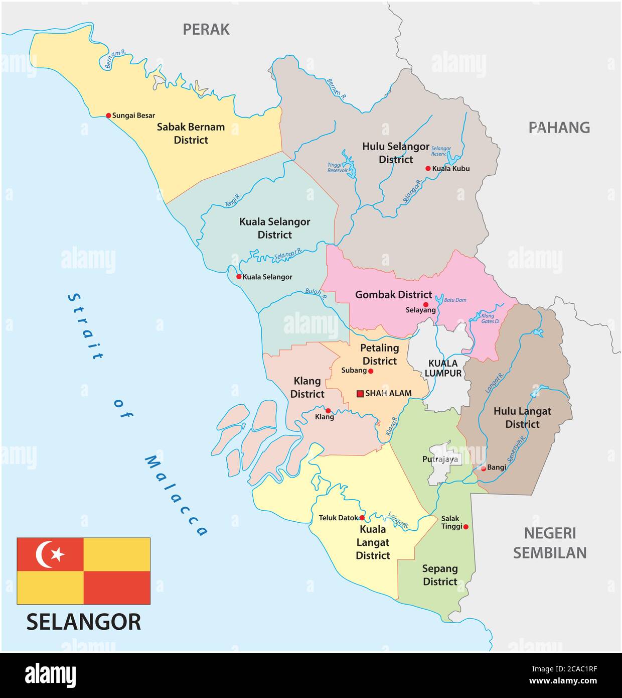 administrative vector map of the malay state of selangor with flag Stock Vector