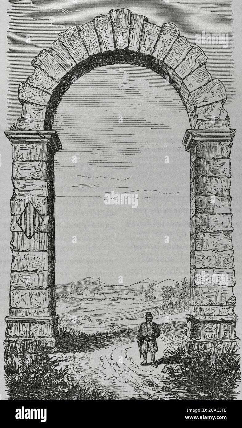 Spain, Castellon province. Arch of Cabanes. Roman triumphal arch dated from the 2nd century AD, located beside the route of the former Via Augusta. Illustration by Letre. Engraving by Capuz, 19th century. Cronica General de España. Historia Ilustrada y Descriptiva de sus Provincias. Valencia, 1867. Stock Photo