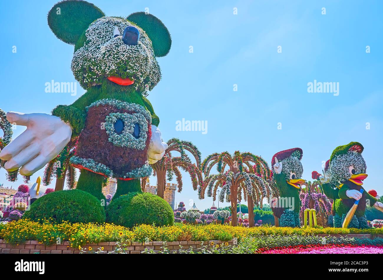 DUBAI, UAE - MARCH 5, 2020: Miracle Garden attracts little visitors with their favorite Walt Disney characters, such as Mickey Mouse or Huey, Dewey, L Stock Photo