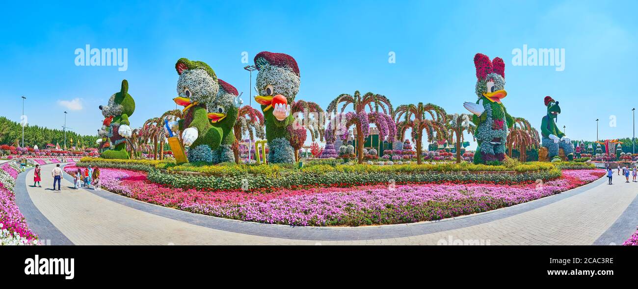 DUBAI, UAE MARCH 5, 2020 Panorama of Miracle Garden with circle