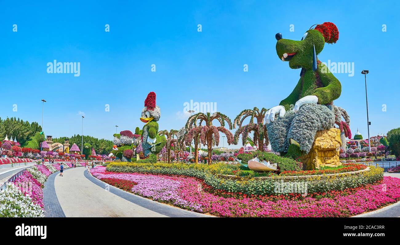 DUBAI, UAE - MARCH 5, 2020: The scenic alley of Miracle Garden is lined with cartoon characters installations of Webby Vanderquack and Goofy, on March Stock Photo