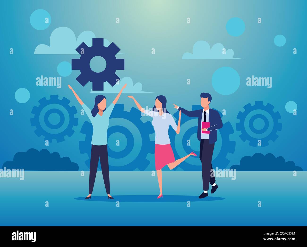 group of business people teamwork with gears characters vector ...