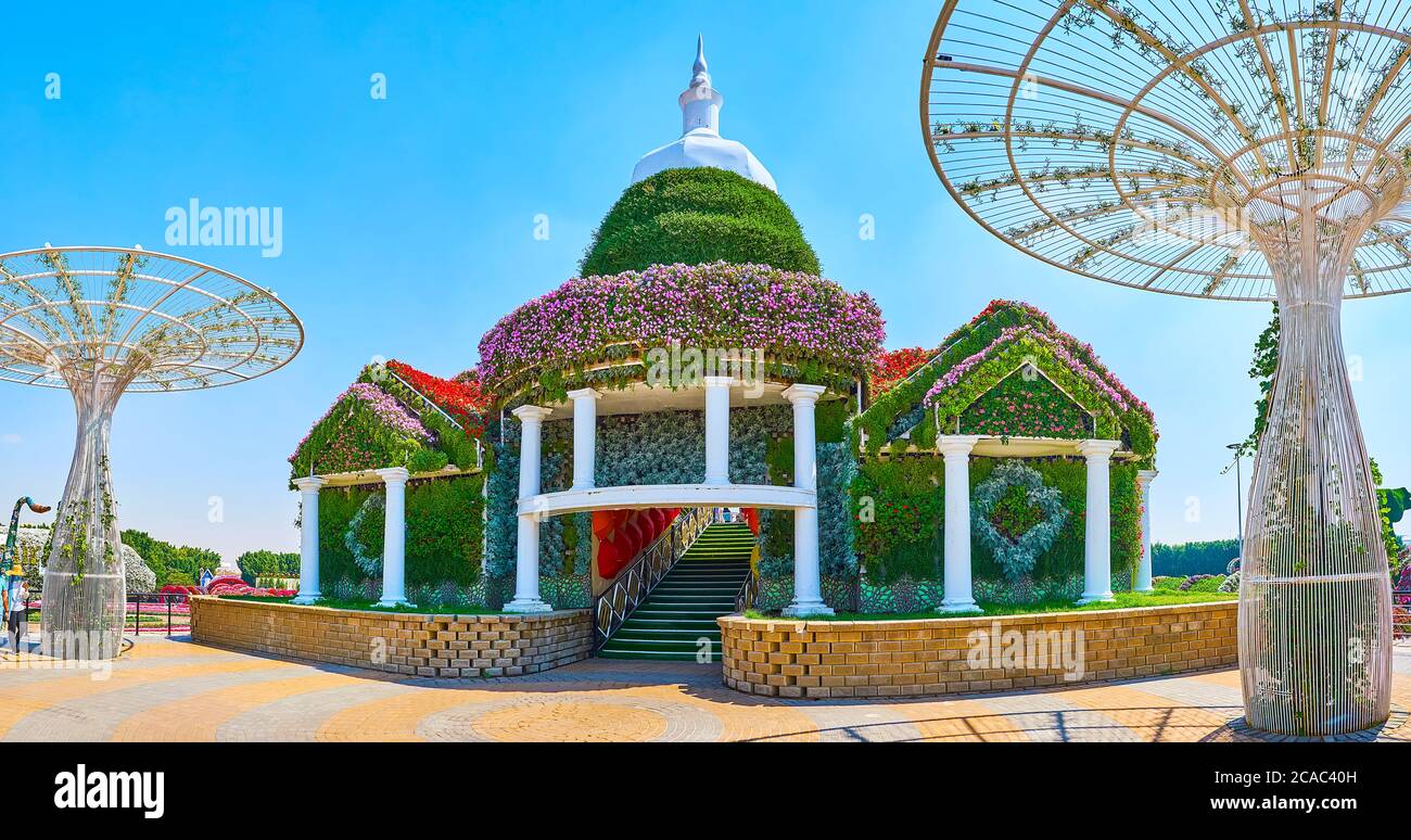 DUBAI, UAE - MARCH 5, 2020: Panorama of floral pavilion, serving as the observation deck atop the hill in Miracle Garden, on March 5 in Dubai Stock Photo