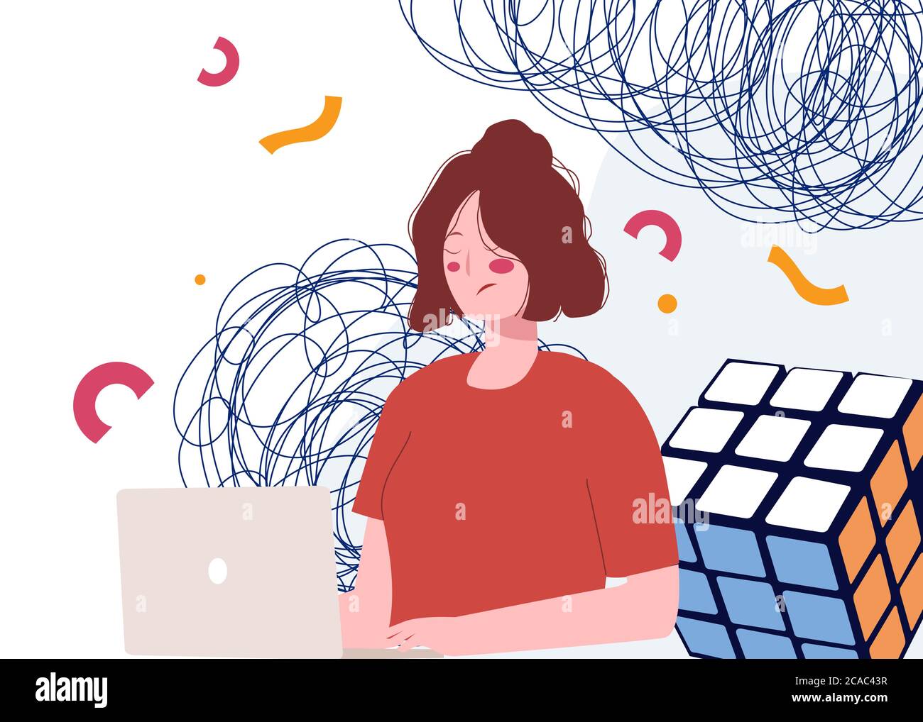 Women on laptop look unhappy background of rubik's doodle confused economic crisis concept with flat cartoon style v Stock Vector
