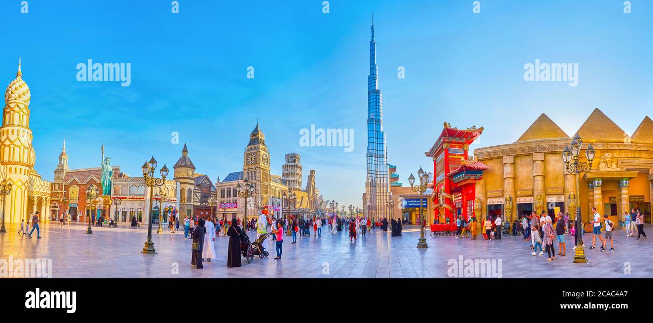 DUBAI, UAE MARCH 5, 2020 Panorama of crowded Global Village square