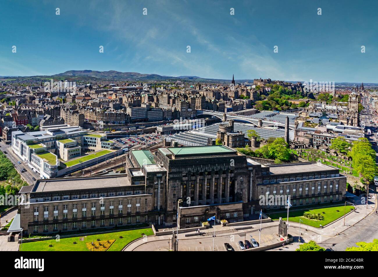 View of centre of Edinburgh Scotland from Nelson Monument on Calton Hill with St. Andrew's House front & Edinburgh City council left. Stock Photo