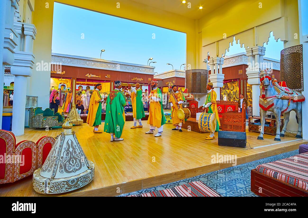 DUBAI, UAE - MARCH 5, 2020: Morocco pavilion of Global Village Dubai entertains visitors with authentic Gnawa music show, on March 5 in Dubai Stock Photo