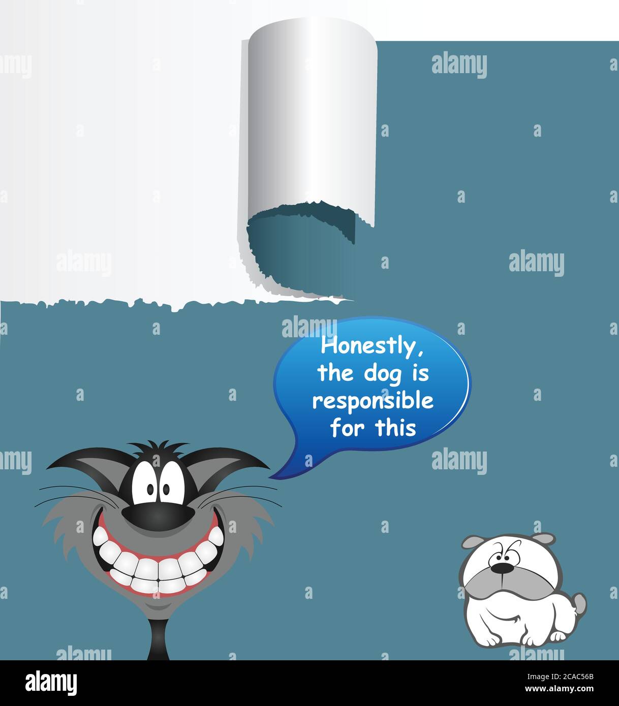 Comical cat blaming the innocent dog for ripping the wallpaper with the blameless pooch looking