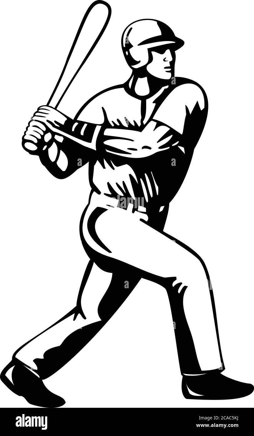 Retro style illustration of a baseball player batting viewed from side on isolated background done in black and white. Stock Vector