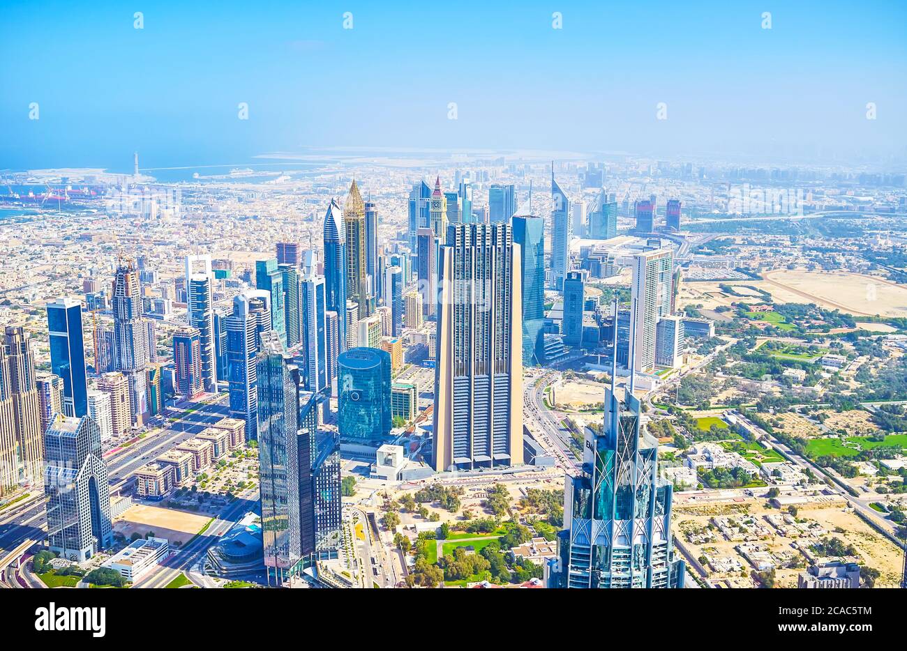 DUBAI, UAE - MARCH 3, 2020: The business center in Dubai is settled in skyscrapers, built along Sheikh Zayed Road, on March 3 in Dubai Stock Photo