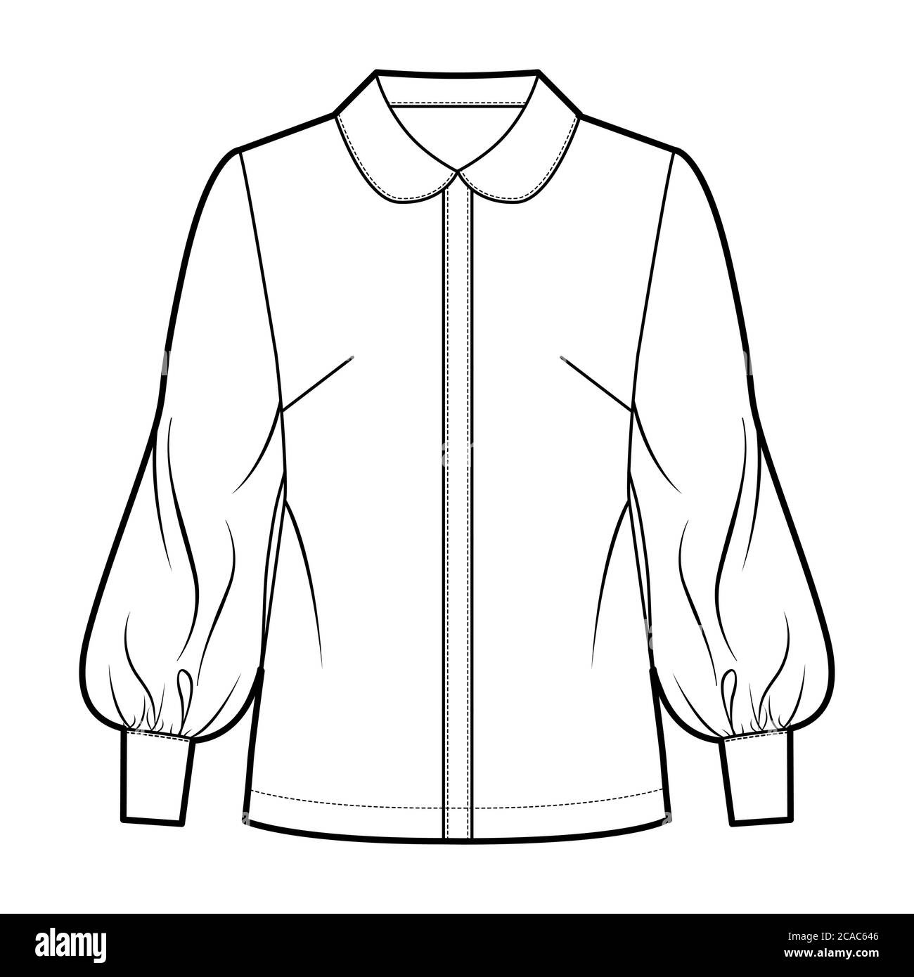 Long bishop sleeve shirt technical fashion illustration with round collar, front button-fastening, loose silhouette. Flat blouse apparel template front, white color. Women, men unisex top CAD mockup Stock Vector