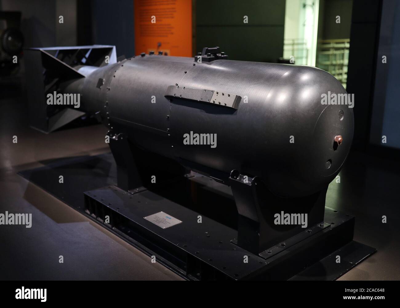 One of five casings made for the 'Little Boy' atomic bomb that was dropped on Hiroshima, Japan, on August 6 1945, on display at the Imperial War Museum London, on the 75th anniversary of the bombings of Hiroshima and Nagasaki. Stock Photo