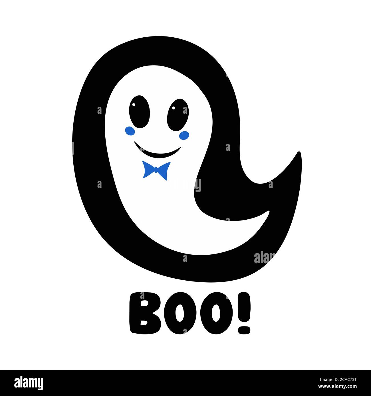 Cute boy ghost with blue bow tie and boo word. Halloween greeting card. Isolated on white background. Vector stock illustration. Stock Vector