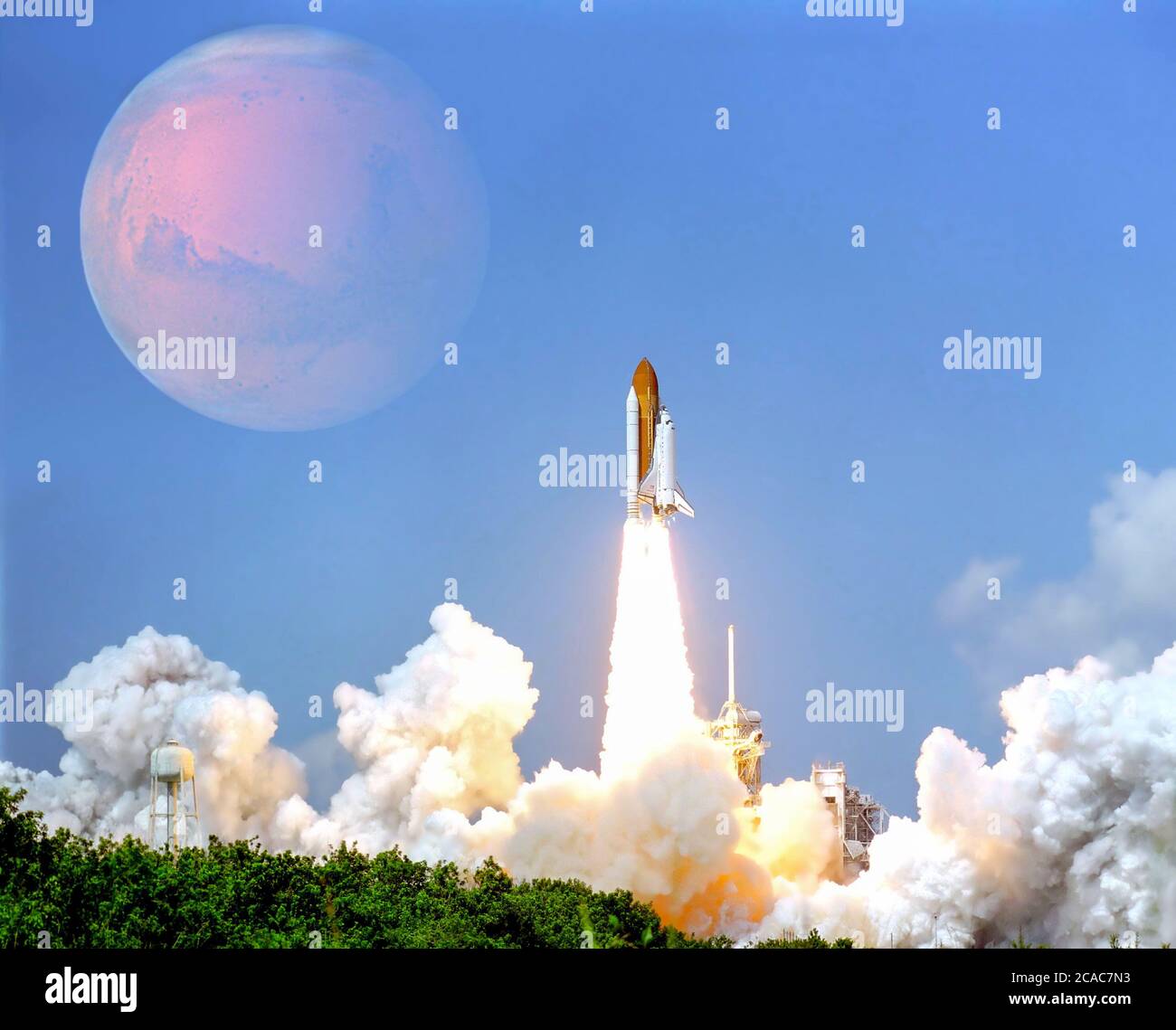 Launch of the spaceship from the spaceport to planet Mars Stock Photo