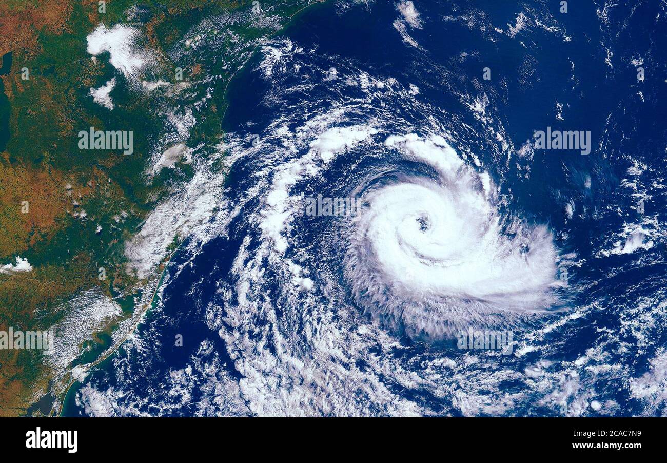 Category 5 super typhoon approaching the coast. The eye of the hurricane. View from outer space Stock Photo