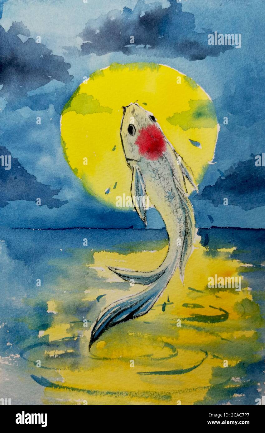 a koi fish jumped to the surface in fullmoon night. Watercolor hand painting. symbol of good