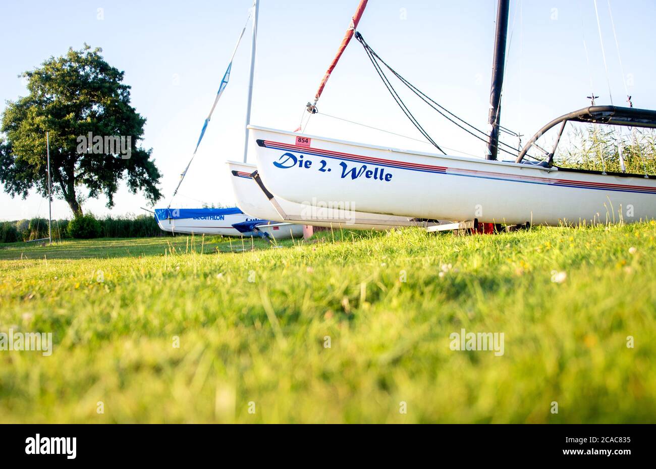 Bad Zwischenahn, Germany. 05th Aug, 2020. A catamaran called 'The 2nd wave' is lying on a meadow in a marina. Credit: Hauke-Christian Dittrich/dpa/Alamy Live News Stock Photo