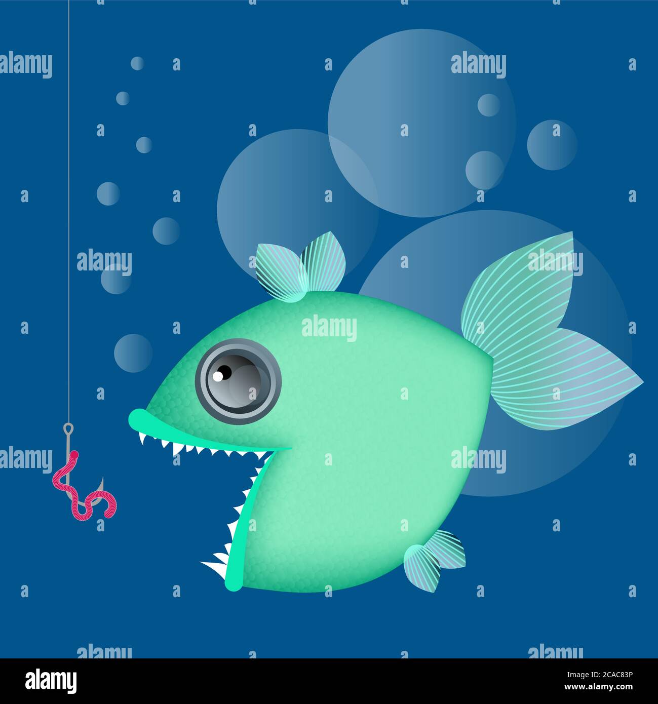 Toothy green fish on a blue background looking at a hook with a worm. Underwater life. Vector illustration. Stock Vector