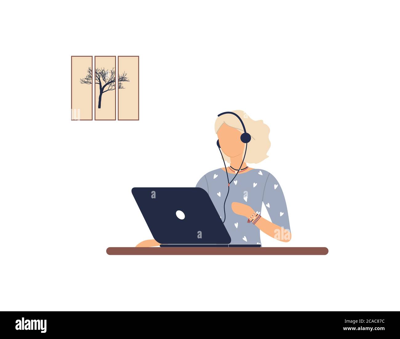Girl tutor with headphones work on laptop.Remote work, distance learning or online training during the virus epidemic.Lady trainer or coach Stock Vector