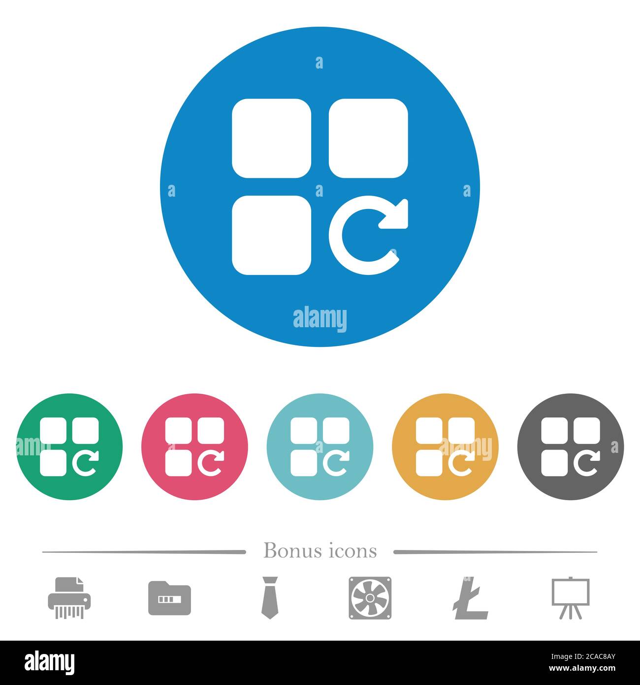Redo component operation flat white icons on round color backgrounds. 6 ...