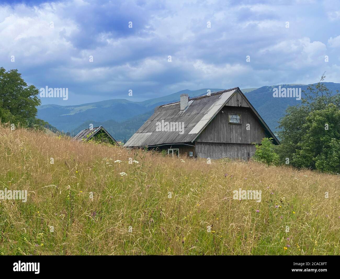 Old traditional wooden house in Carpathian mountains, Ukraine Stock Photo